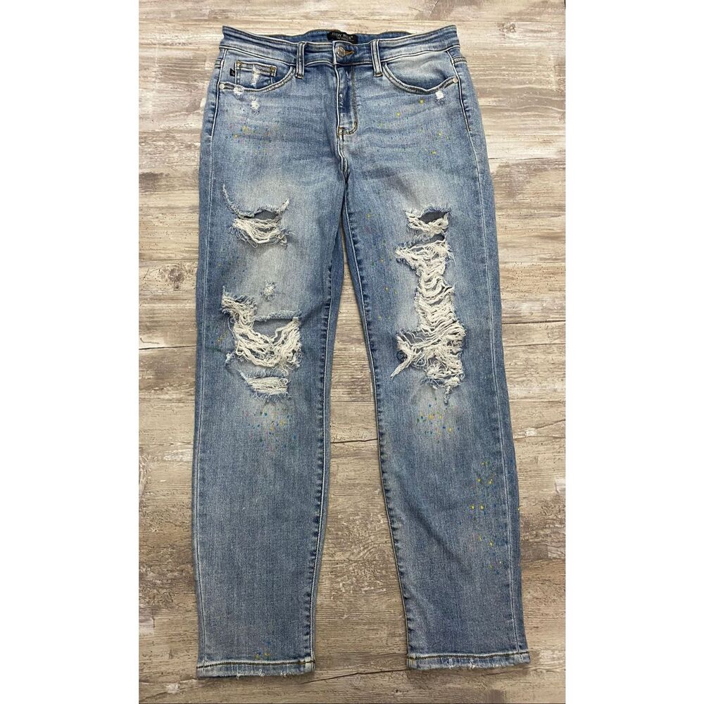 Judy Blue Mid Rise Skinny Jeans Distressed Paint Splatter Junior’s Sz 11/30